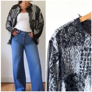 Black & Grey Mixed Media Silk Raw Hem Artistic Bohemian Open Front‎ Cardigan Top